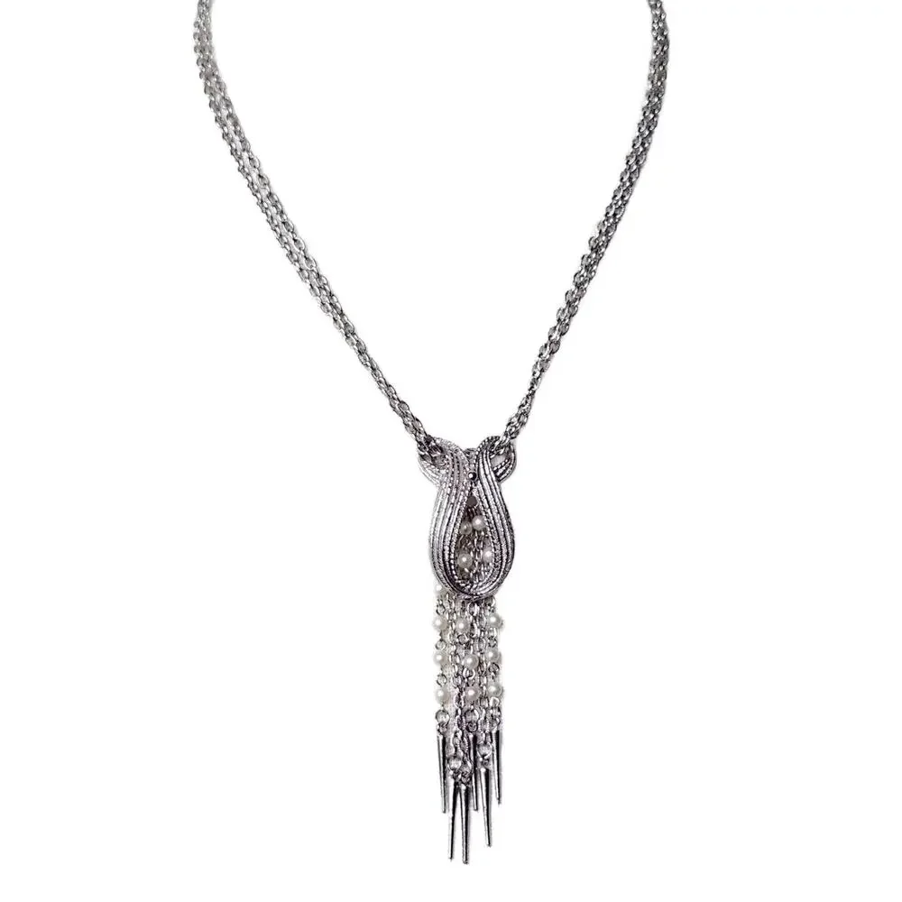 Vintage Faux Pearl Double Strand Tassel Necklace 1960s